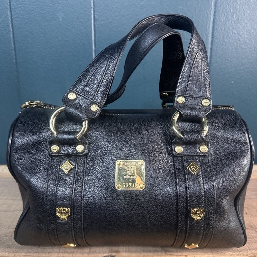 MCM Munchen Black Leather Mini Boston Bowler Satchel Bag Gold Vintage - Picture 2 of 12